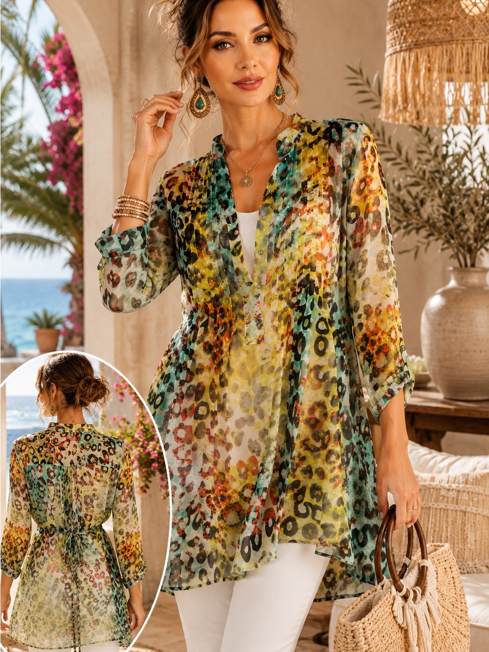 Cristina Sheer Animal Print Tunic Blouse P2P 21in Multicolor Tie Back Boho A26